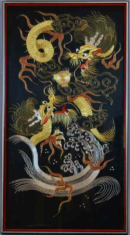 Appraisal: Fine Chinese Qing Embroidered Dragon PanelDepicting two large dragons amongst