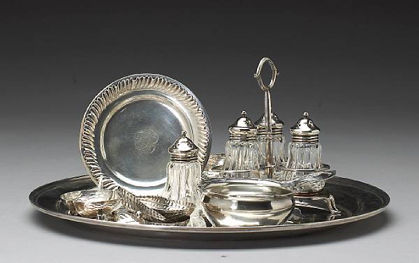 Appraisal: A group of sterling table articles Comprising circular tray with