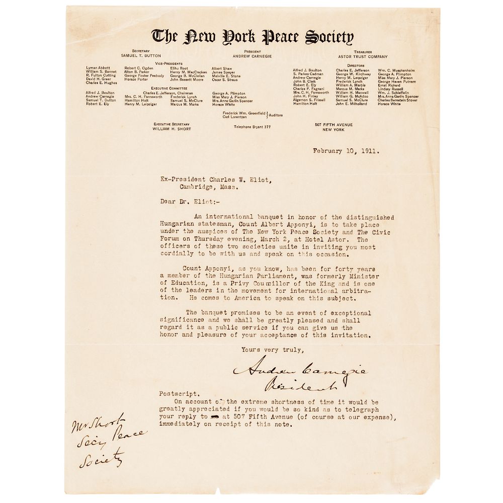 Appraisal: ANDREW CARNEGIE Typed Signed The New York Peace Society Letter