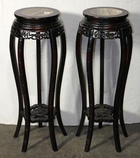 Appraisal: Two Chinese Marble Inlaid Wood Stands lot of Chinese marble