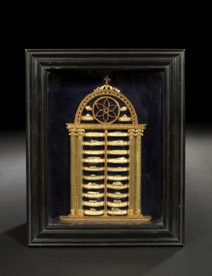 Appraisal: French Black Lacquered Wooden Shadowboxed Reliquary of portal form containing