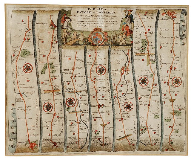 Appraisal: JOHN OGILBY'The Road from Oxford to Cambridge' double-page engraving hand-coloured