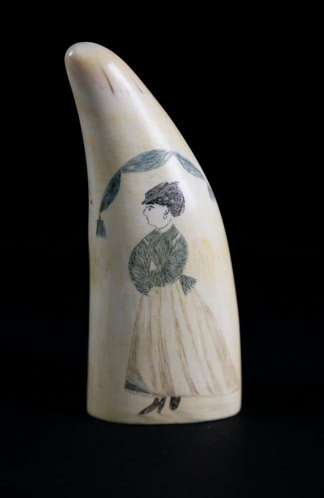 Appraisal: Whaler Scrimshaw and Polychromed Sperm Whale Tooth circa Whaler Scrimshaw