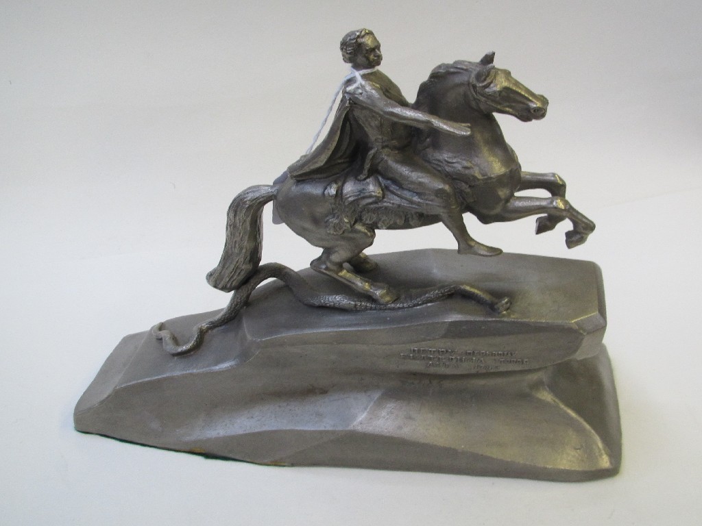 Appraisal: Reproduction cast metal figure of a knight on horseback trampling