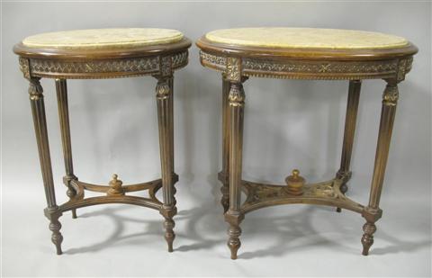 Appraisal: TWO LOUIS XVI STYLE MARBLE TOP OVAL TABLES th century