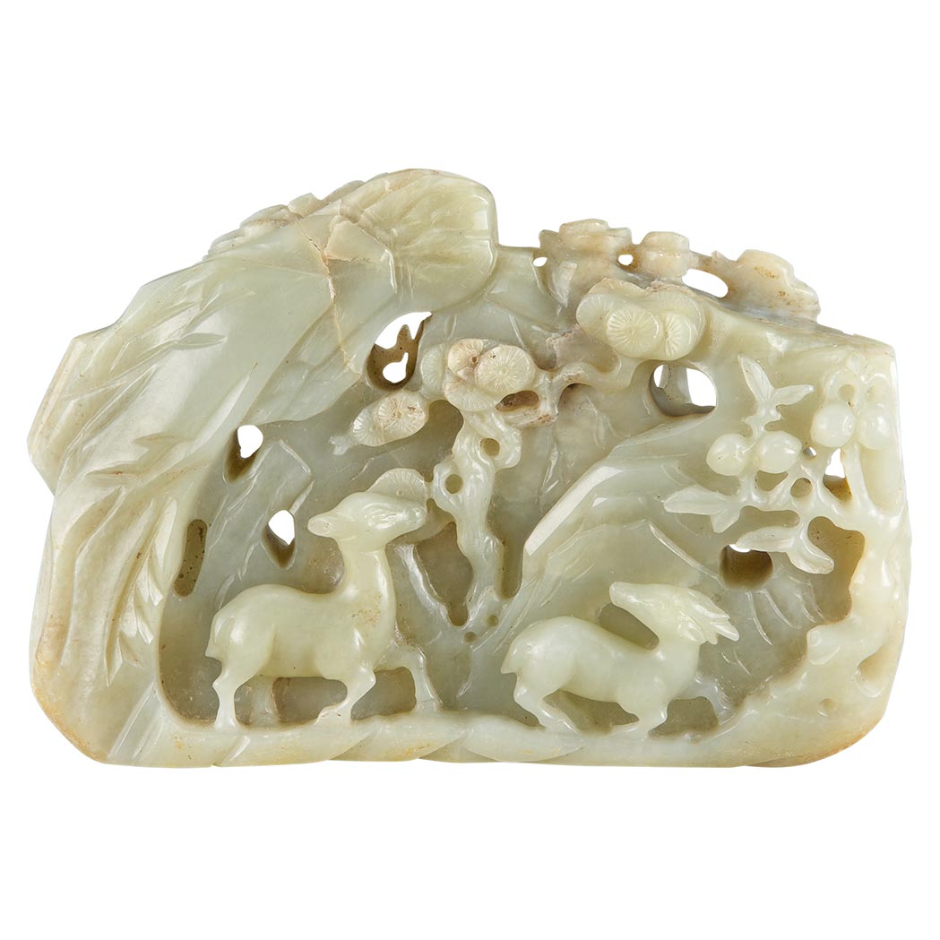 Appraisal: Chinese Celadon Jade Boulder Late th century Worked with two