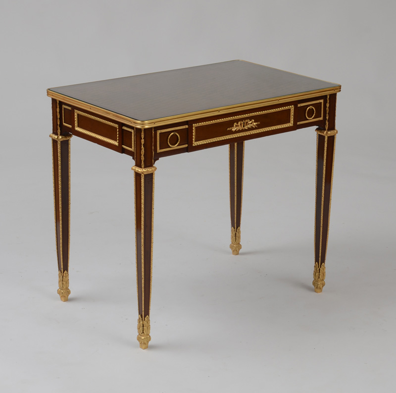 Appraisal: LOUIS XVI STYLE GILT-BRONZE-MOUNTED AMARANTH SYCAMORE AND SATINWOOD TRELLIS PARQUETRY