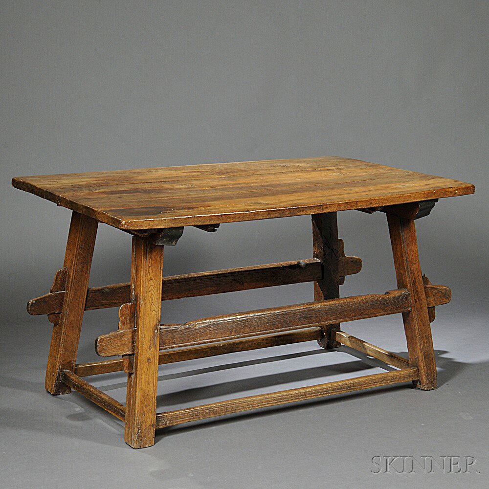 Appraisal: Continental Oak Trestle Table th century three-panel top with two