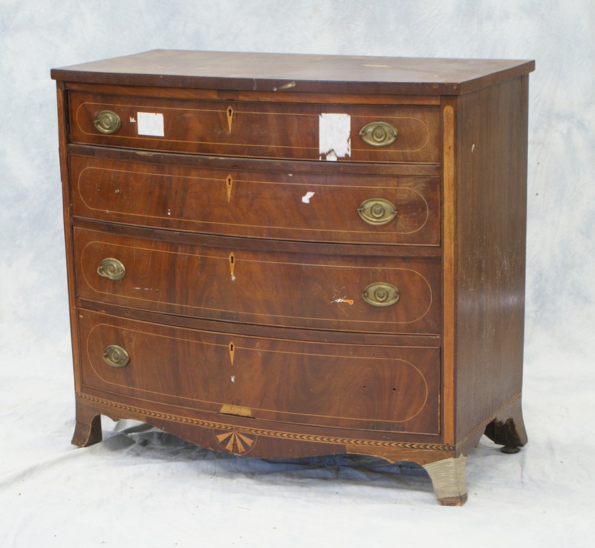 Appraisal: Inlaid mahogany American Hepplewhite bow front drawer chest feet shortened