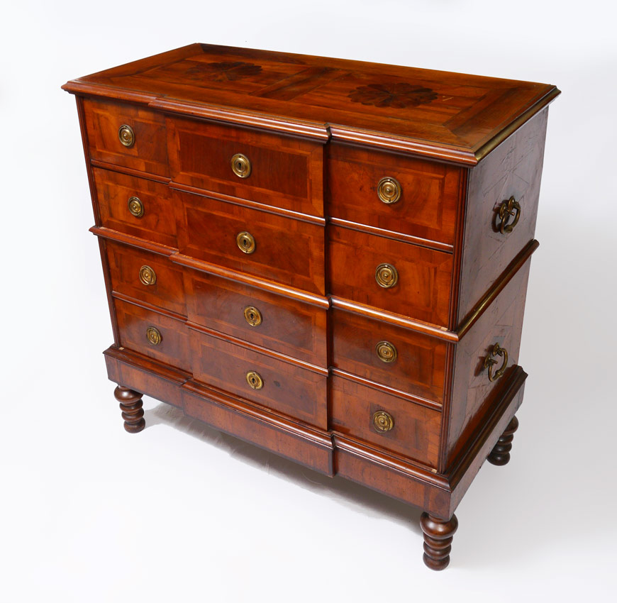 Appraisal: TH CENTURY DRAWER CAMPAIGN STYLE CHEST Shaped top with marquetry