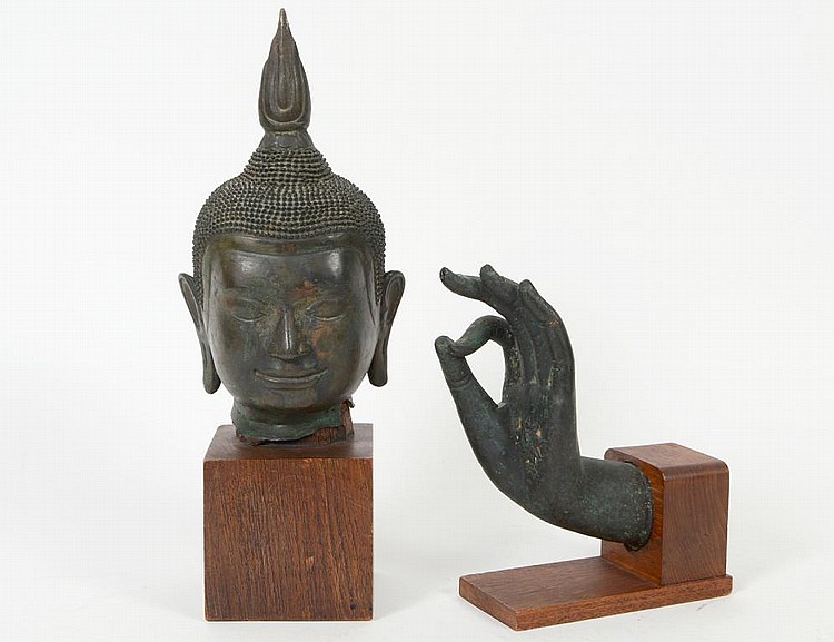 Appraisal: THAI BRONZE HAND AND HEAD OF A DEITYBoth pre- fragments