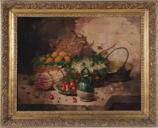 Appraisal: Alfred Godchaux French - STILL LIFE ASPARAGUS GRAPES PEACHES STRAWBERRIES