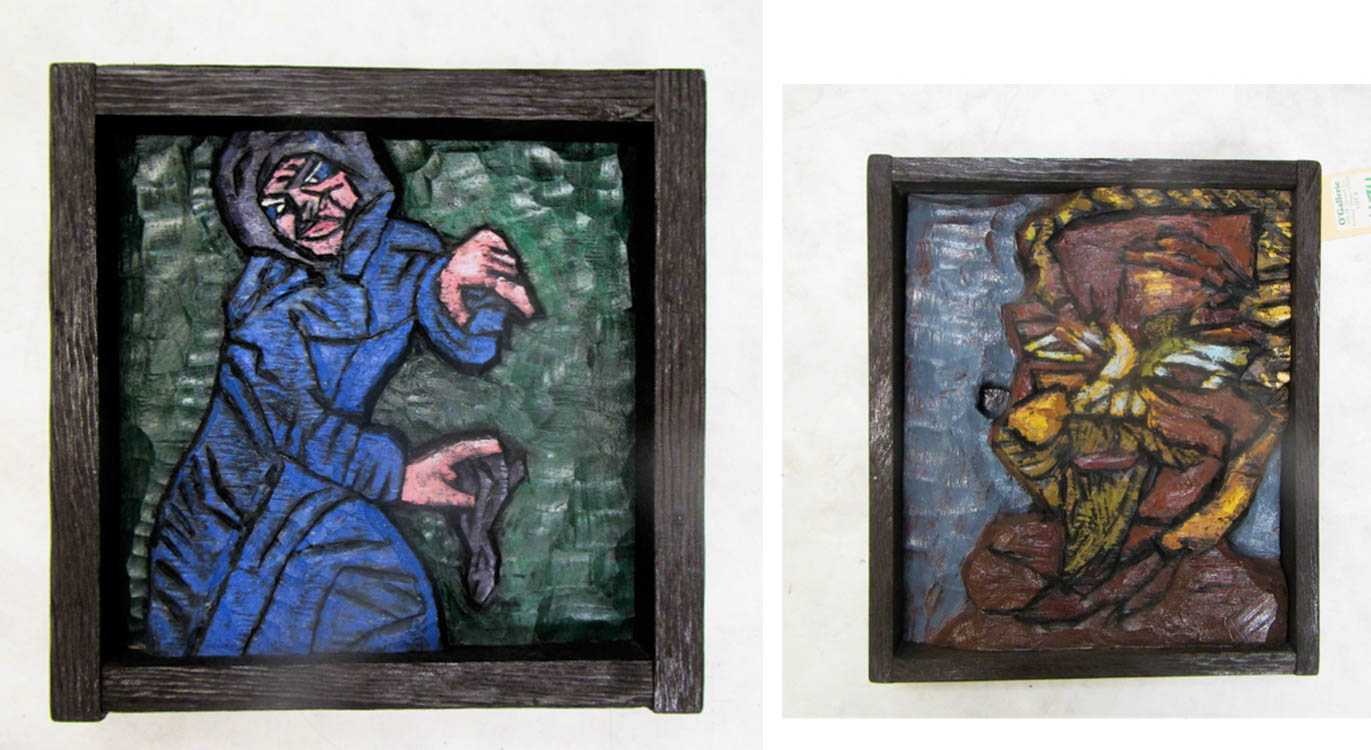 Appraisal: TOM CRAMER TWO PAINTED WOOD CARVINGS Oregon born Demonic Figure