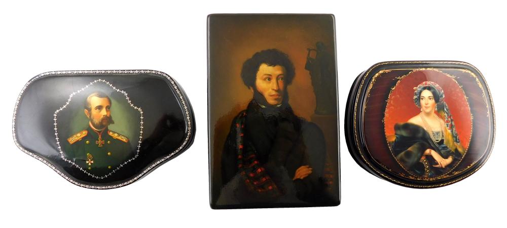 Appraisal: Russian hand-painted lacquer boxes group of three with stately portraits