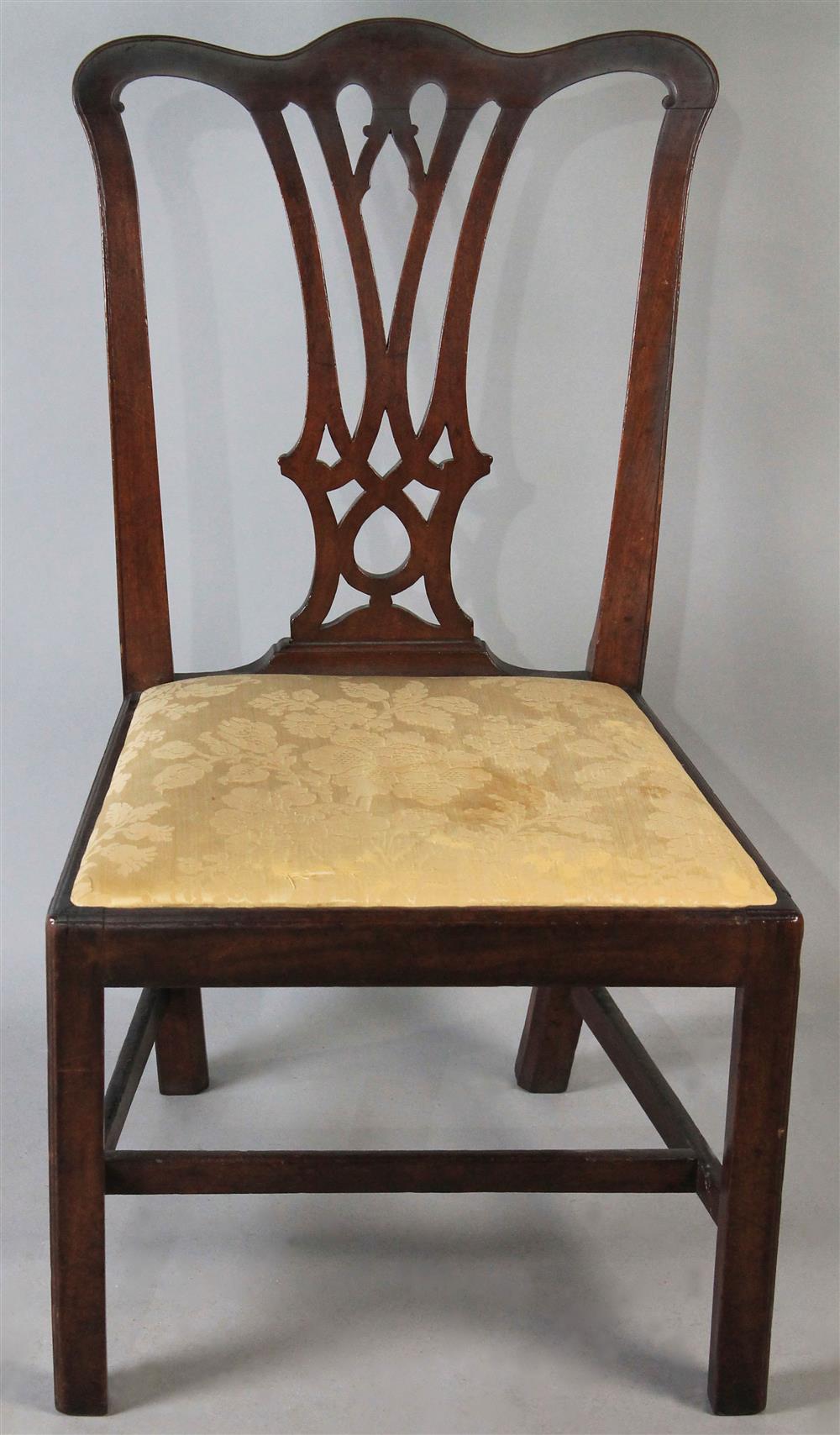 Appraisal: AMERICAN WALNUT CHIPPENDALE SIDE CHAIR LATE TH C YELLOW DAMASK