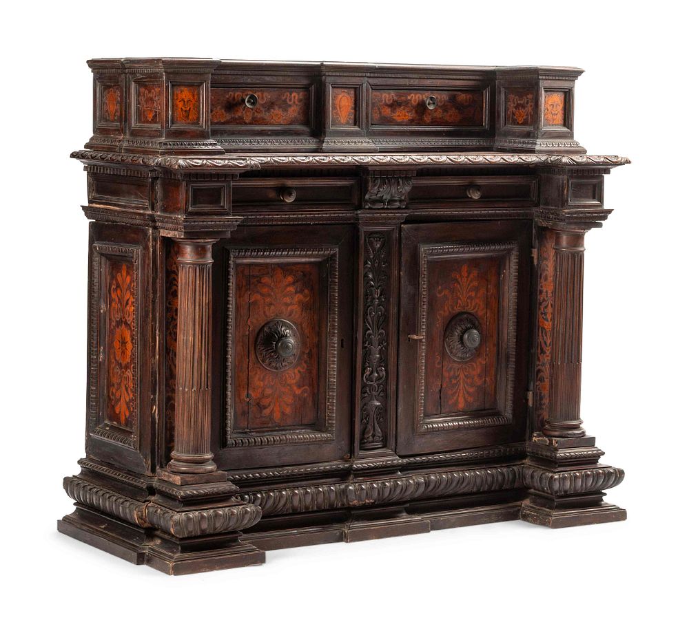 Appraisal: An Italian Baroque Walnut and Marquetry Cabinet An Italian Baroque