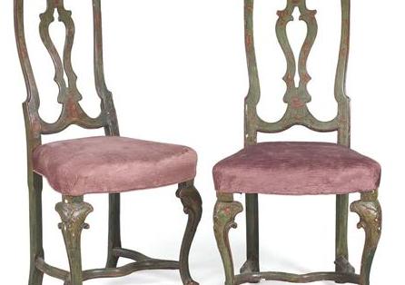 Appraisal: PAIR OF VENETIAN ROCOCO CARVED AND GREEN PAINTED SIDE CHAIRS