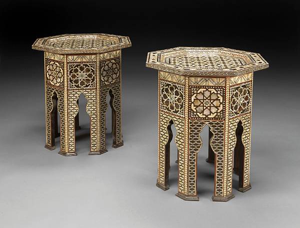 Appraisal: A pair of Levantine shell inlaid hardwood occasional tables Each