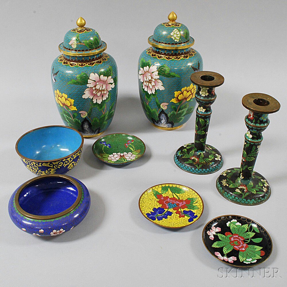 Appraisal: Nine Cloisonne Items China a pair of candleholders with floral