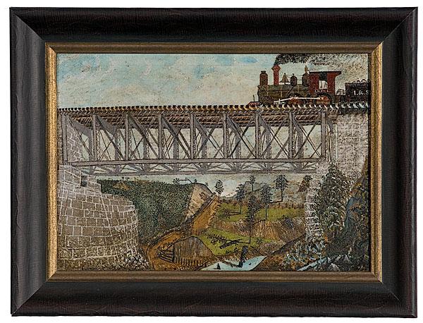 Appraisal: FOLKY OIL PAINTING OF A PENNSYLVANIA COAL TRAIN American ca