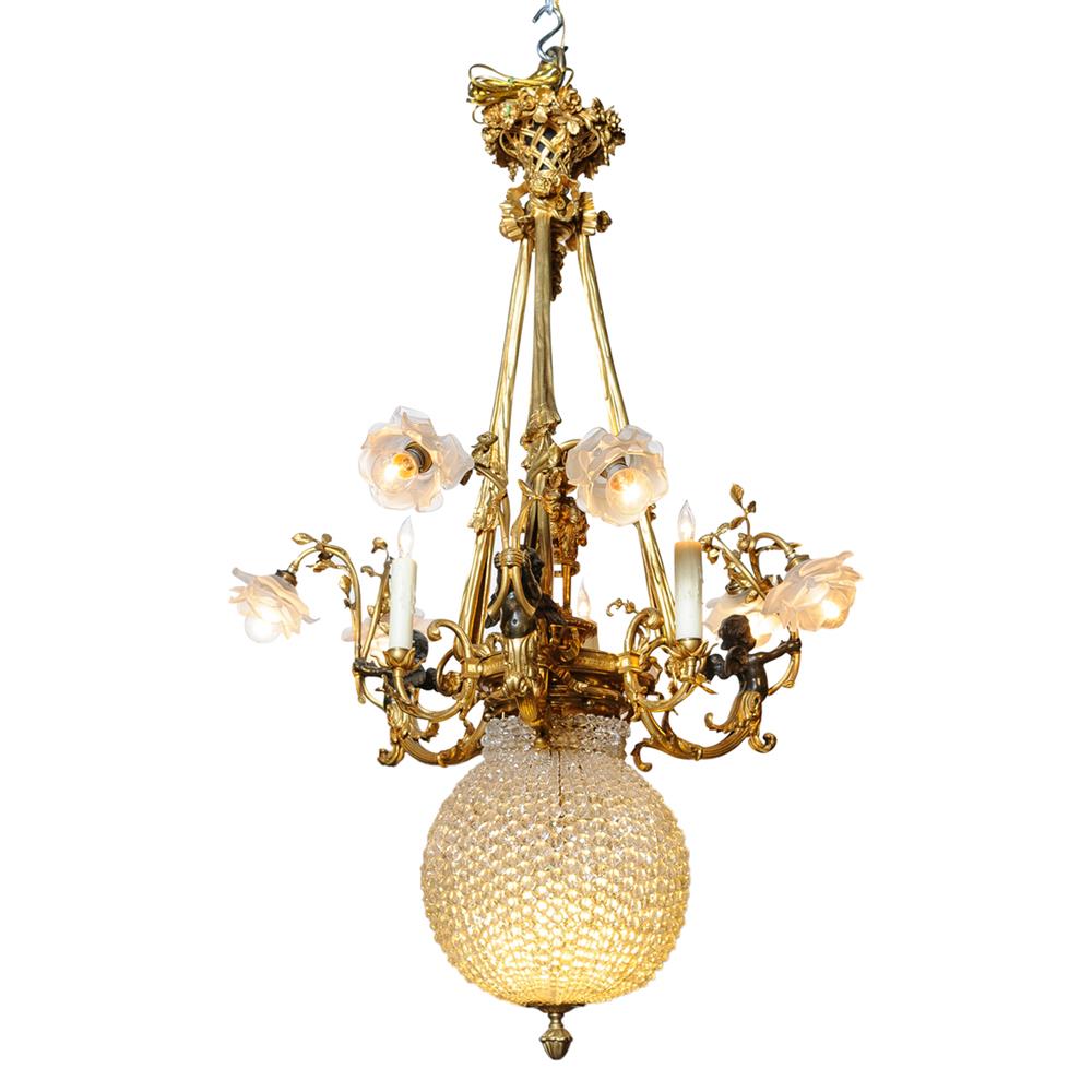 Appraisal: BELLE EPOQUE GILT AND PATINATED BRONZE BASKET TEN LIGHT CHANDELIER