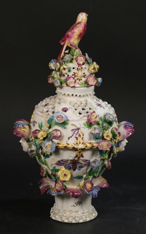 Appraisal: Bow English porcelain Frill vase H including bird finial on