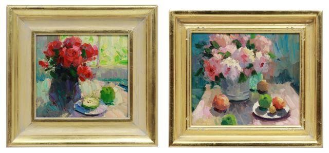 Appraisal: lot of Framed oil paintings on board both signed on