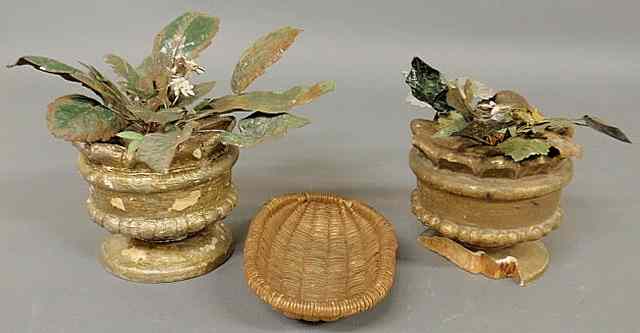 Appraisal: Pair of decorative carved wood potted plants with painted metal