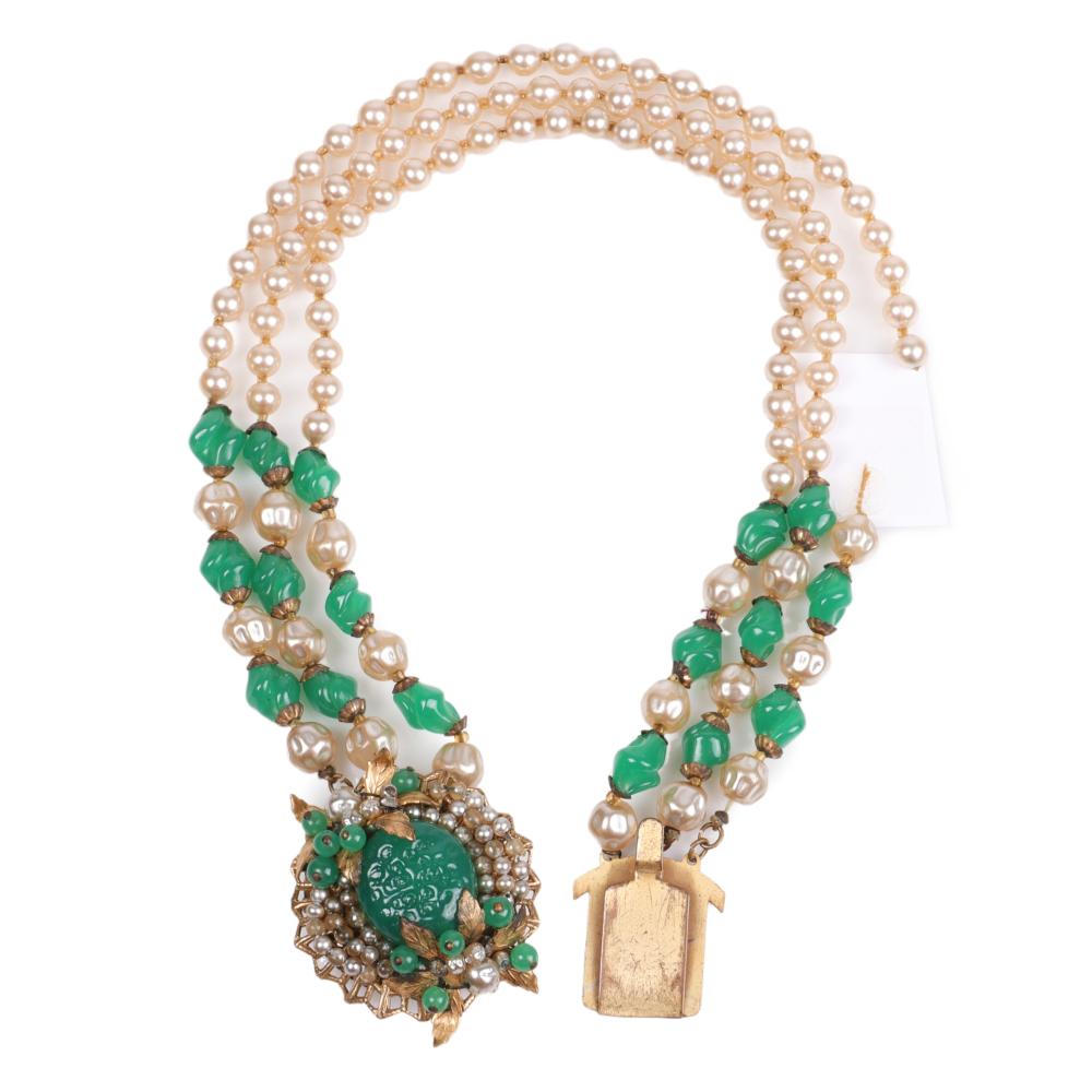 Appraisal: MIRIAM HASKELL UNSIGNED TRIPLE STRAND FAUX PEARL AND MOLDED JADE