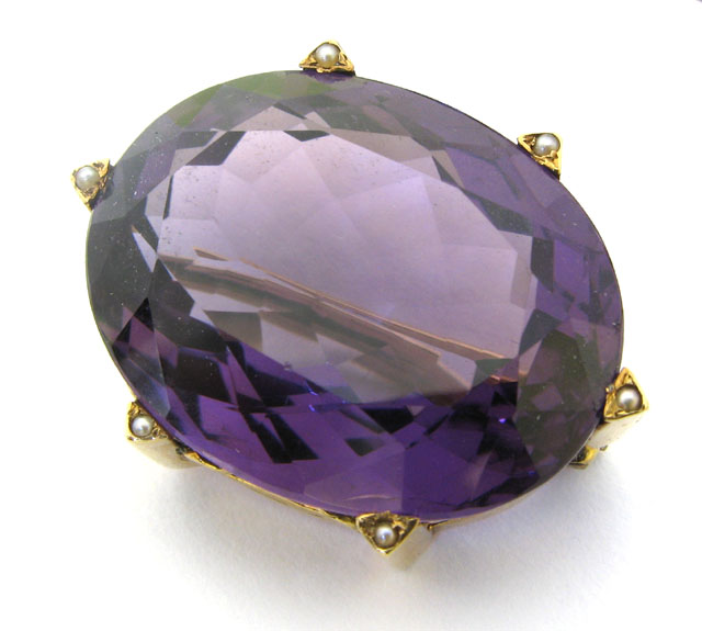 Appraisal: AMETHYST SEED PEARL AND YELLOW GOLD BROOCH k yellow gold