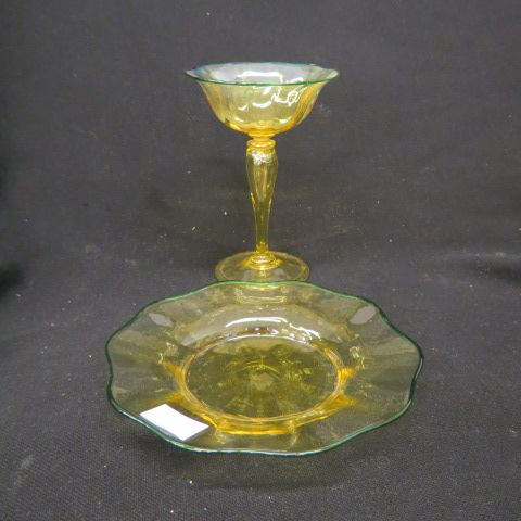 Appraisal: Durand Art Glass Wine Dish yellow with green trim excellent