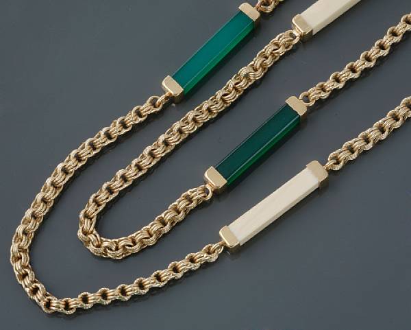 Appraisal: An k gold chrysophrase and ivory neckchain decorative links with