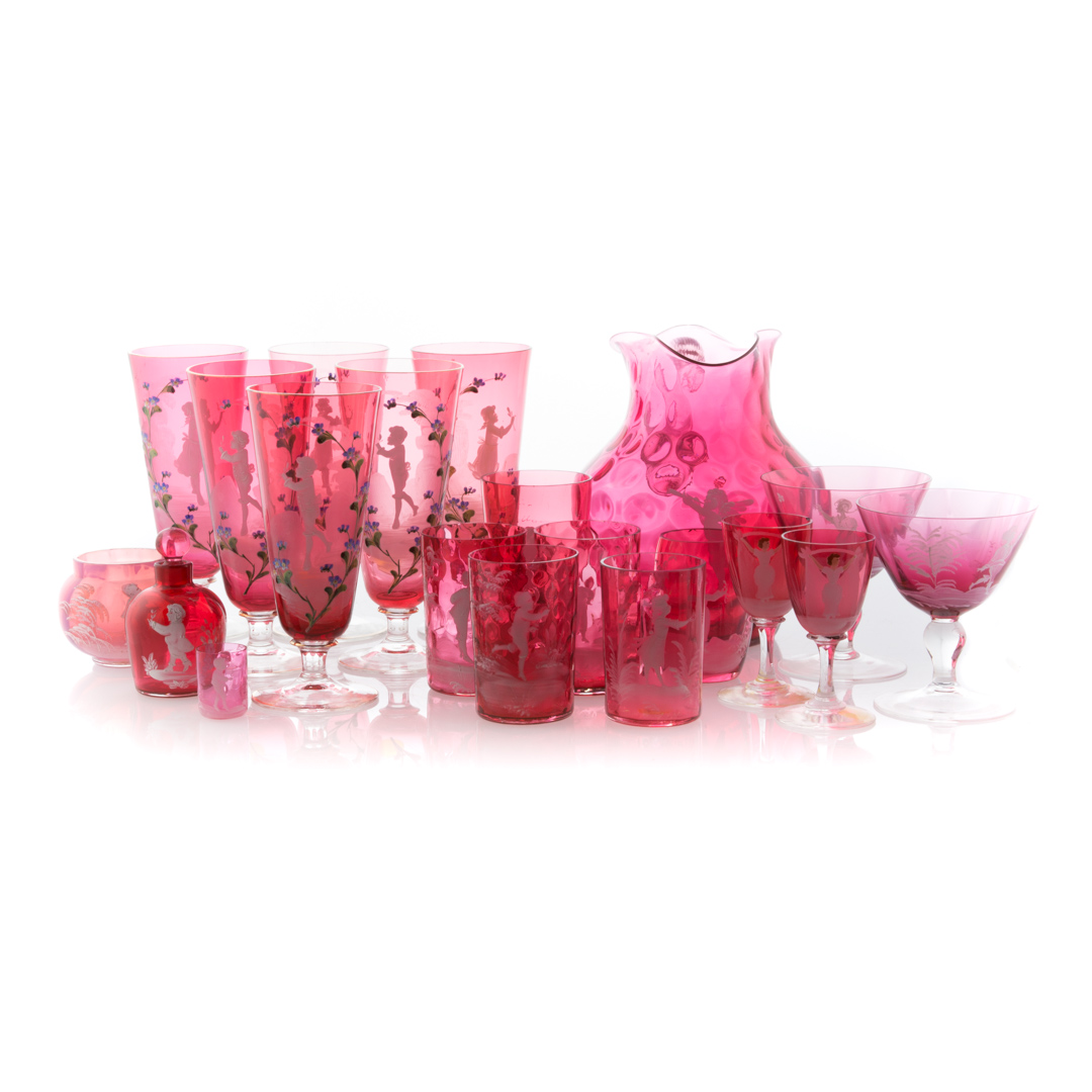 Appraisal: Mary Gregory cranberry glass articles including tumblers pitcher pilsners glasses