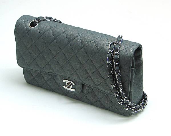 Appraisal: A Chanel Classic Flap gray metallic quilted fabric and leather