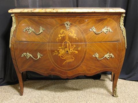 Appraisal: LOUIS XV STYLE MARQUETRY COMMODE The shaped composition top over