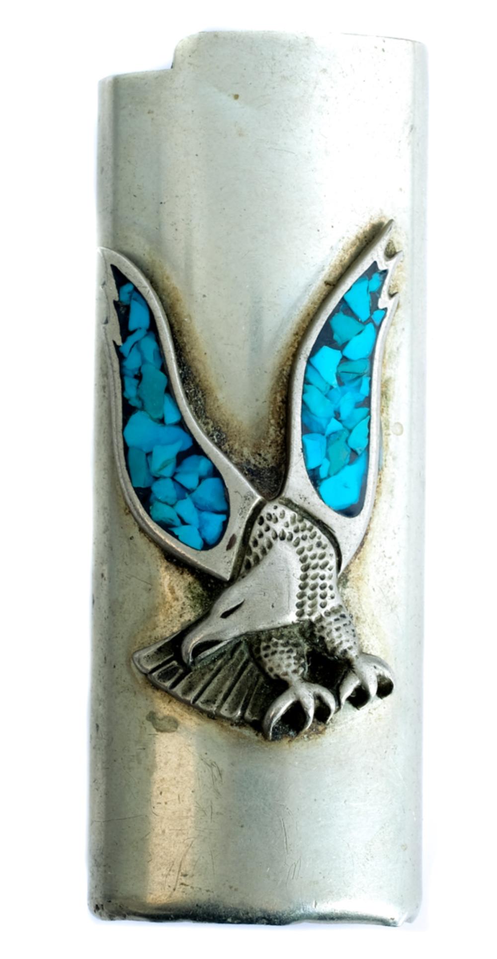 Appraisal: STERLING TURQUOISE LIGHTER JACKET OR CASESterling silver and turquoise inlaid