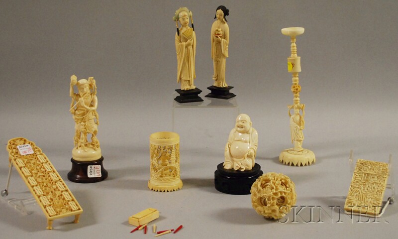 Appraisal: Eight Carved Ivory Items including four figures puzzle ball card