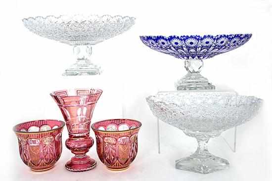 Appraisal: Cut-glass centerpieces and vases gilt cranberry vase set H ''