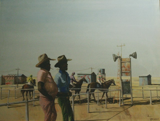 Appraisal: Patrick Hockey - Aboriginal Men at a Horse Race oil