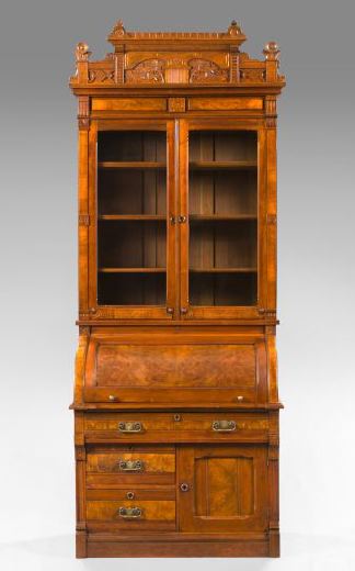 Appraisal: American Renaissance Revival Burled Walnut and Walnut Cylinder-Roll Secretary Bookcase