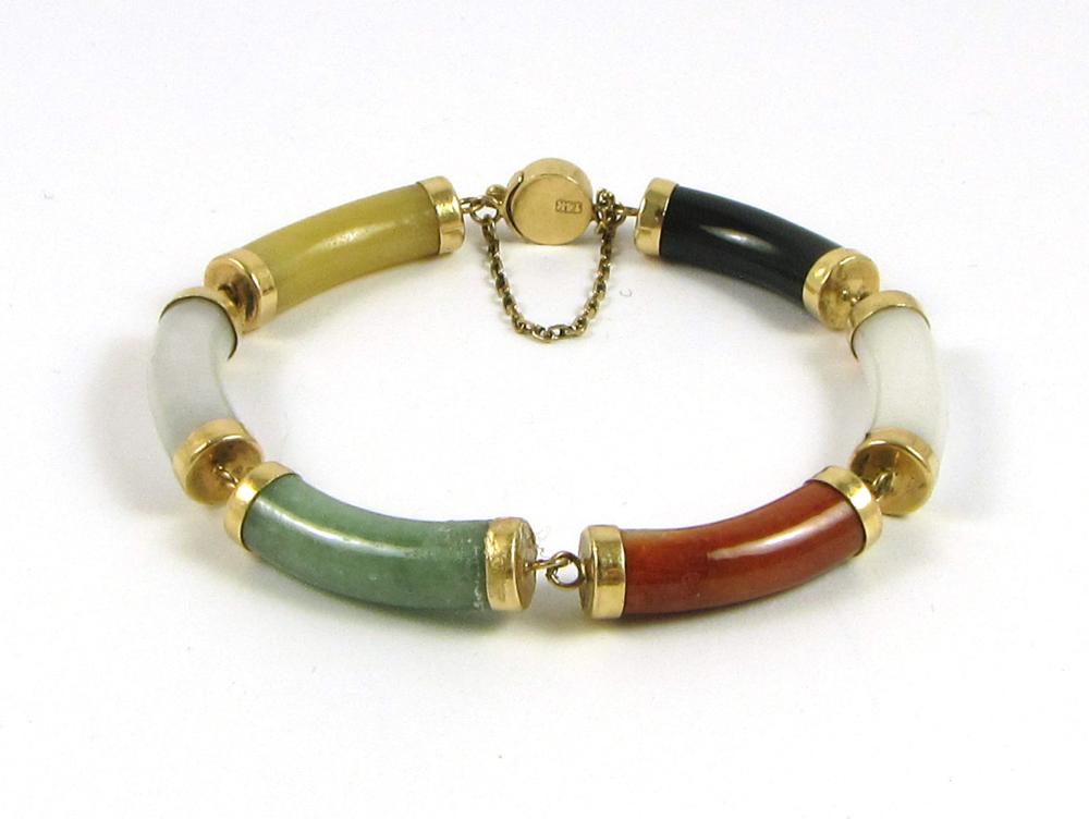 Appraisal: CHINESE MULTI-COLOR JADE AND FOURTEEN KARAT GOLD BRACELET having six