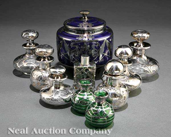 Appraisal: A Group of Art Nouveau Silver Overlay Objects including a