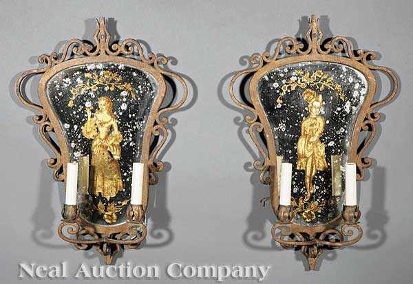 Appraisal: A Pair of Venetian Gilt Metal and glomis Two-Light Sconces