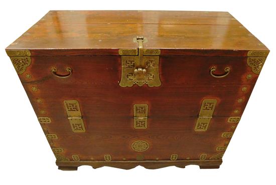 Appraisal: ASIAN Wooden chest with decorative brass mounts with Asian motifs