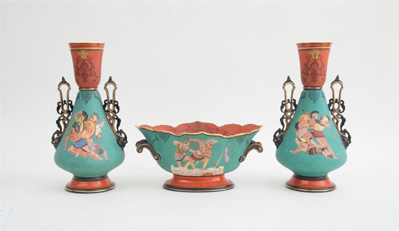 Appraisal: CONTINENTAL POLYCHROME PORCELAIN GARNITURE IN THE ETRUSCAN TASTE Comprising a