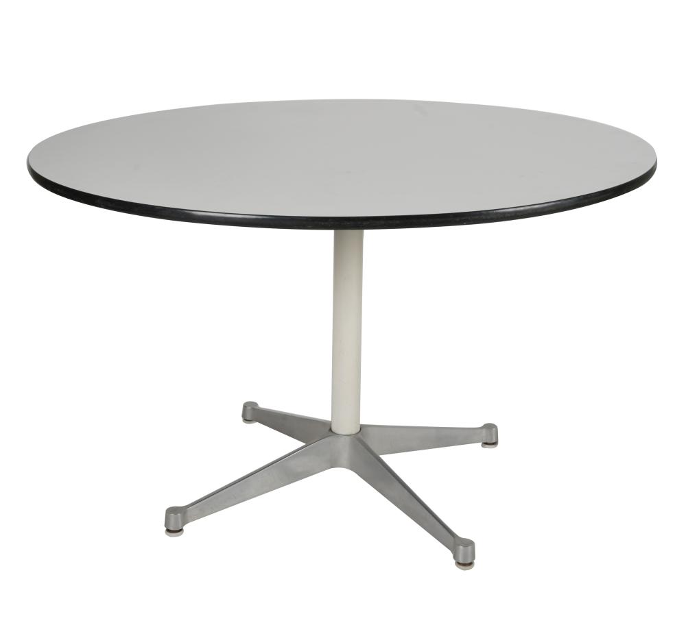 Appraisal: MODERNIST ROUND DINING TABLEwhite laminate white-enameled metal and brushed metal