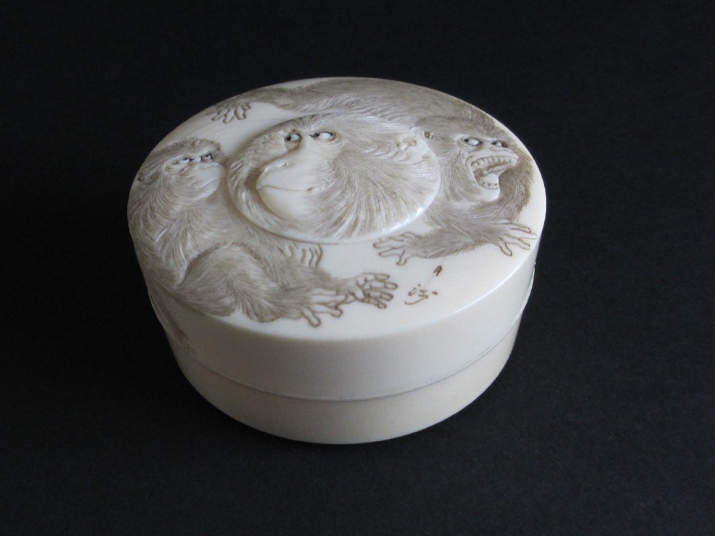 Appraisal: A Japanese ivory circular box and cover carved with two