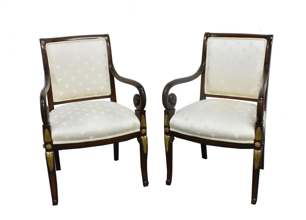 Appraisal: PAIR OF FRENCH RESTORATION STYLE MAHOGANY ARMCHAIRSThe square backs with