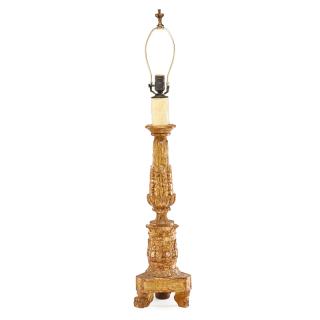 Appraisal: ITALIAN NEOCLASSICAL STYLE GILTWOOD TABLE LAMP Altar stick form with