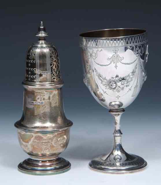 Appraisal: A GEORGIAN STYLE SILVER CASTER of baluster form on pedestal